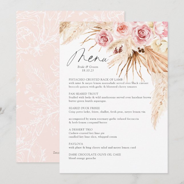 Menu Casamento de Watercolor Boho Floral Pampas Gras (Frente/Verso)