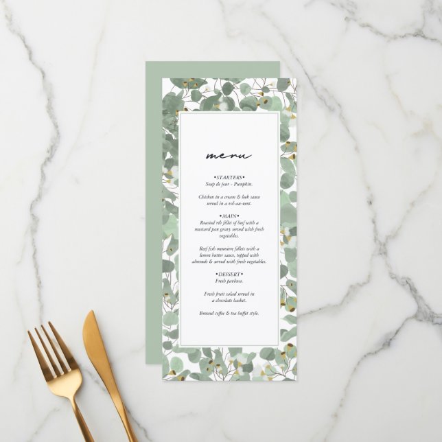 Menu Casamento de Watercolor Eucalyptus Greenery Blosso (Frente/Verso In Situ)
