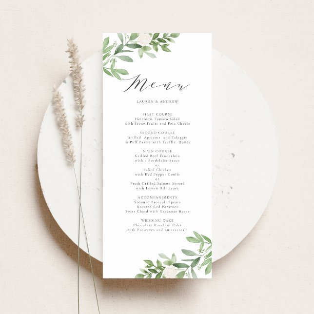 Menu Casamento de Watercolor Greenery and White Flowers (Customizable botanical menu card featuring greenery and white flowers)