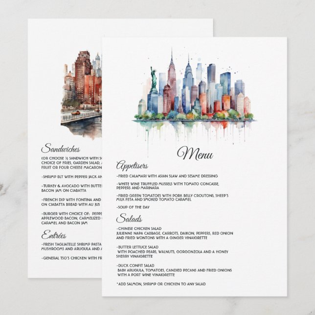 Menu Casamento de Watercolor New York (Frente/Verso)