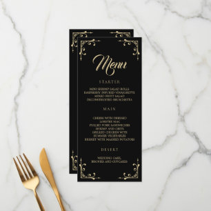 Menu Casamento Deco Dourado Retro Negro Elegante