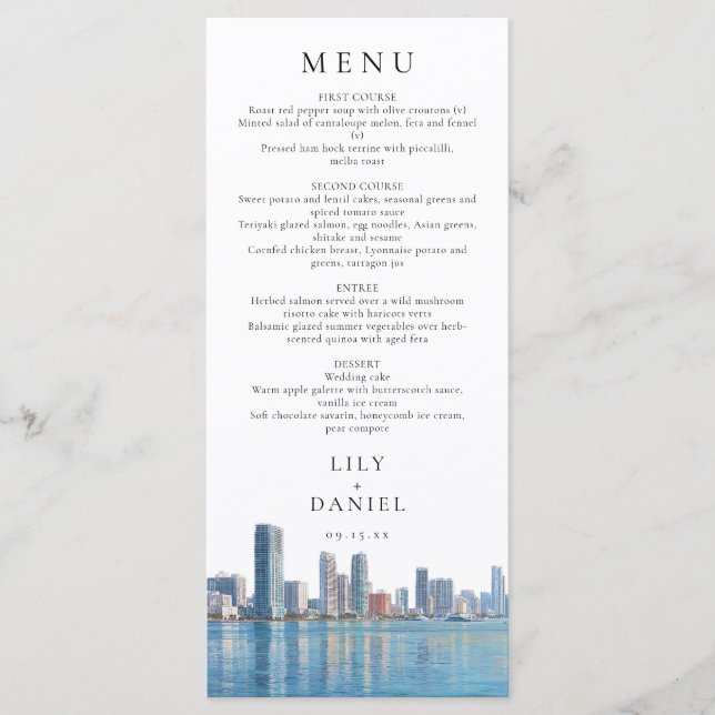 Menu Casamento Destino com a Paisagem de Miami em Aquar (Frente)