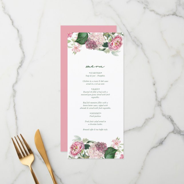 Menu Casamento do Jardim das Flores Rosa Romântica com  (Frente/Verso In Situ)
