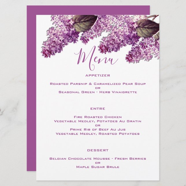 Menu Casamento do Jardim Lilac Primavera (Frente/Verso)