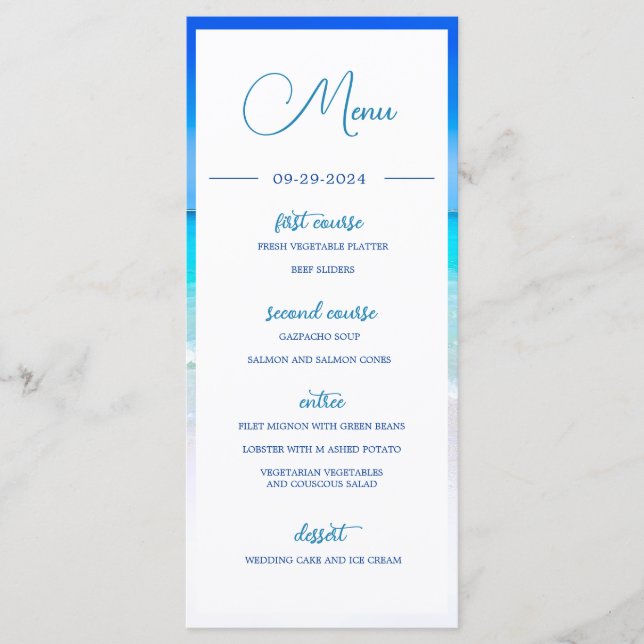 Menu Casamento do Mar de Praia Blue Ocean Monograma (Frente)