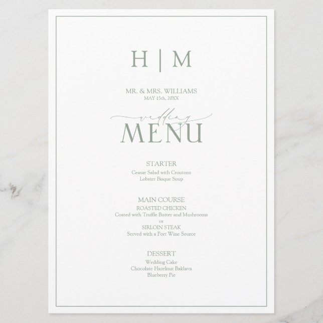 Menu Casamento do Monograma da Caligrafia Verde Elegant (Frente)