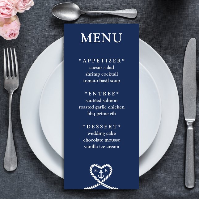 Menu Casamento do Monograma da Coração Azul Náutica (Nautical Blue Heart Rope Monogram Wedding Menu)