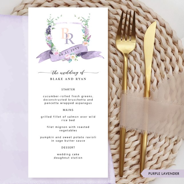 Menu Casamento do Monograma da Lavanda Elegante Persona (Criador carregado)