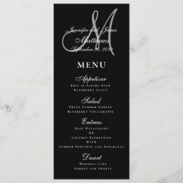Menu Casamento do Monograma do Script Branco Preto Eleg