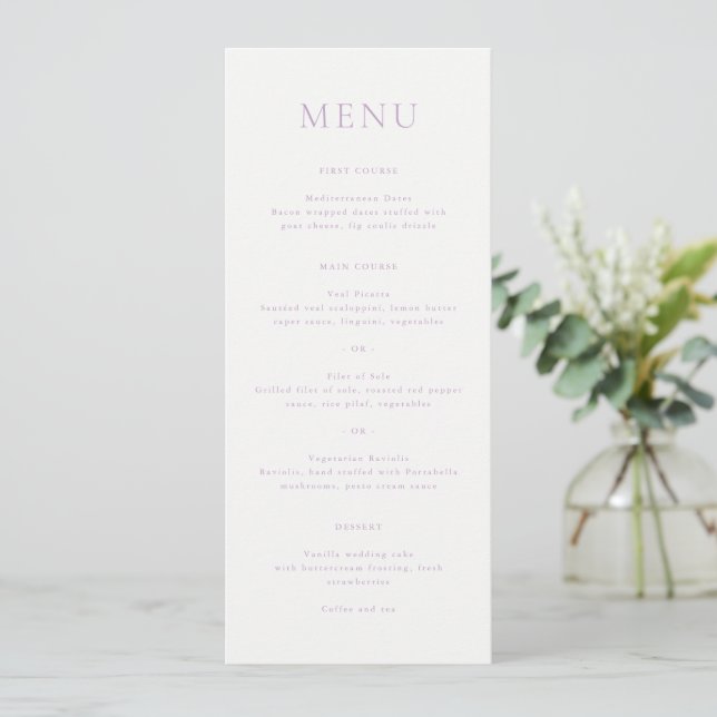 Menu Casamento do Monograma do Script Lilac Elegante (Em pé/Frente)
