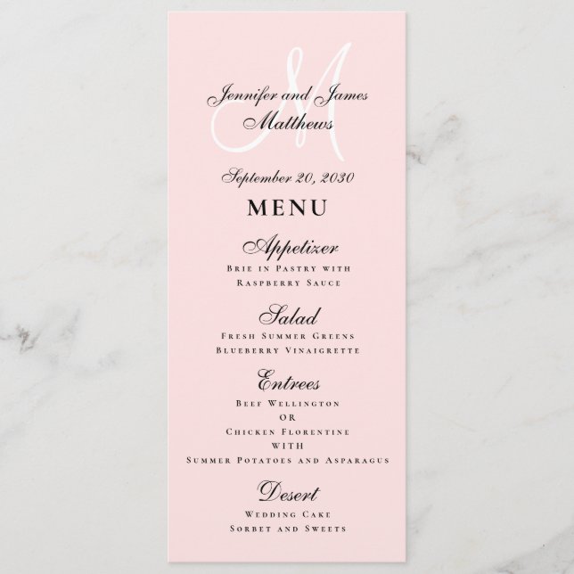 Menu Casamento do Monograma do Script Rosa-Escamudo Ele (Frente)