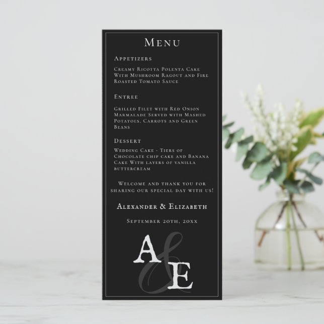Menu Casamento do Monograma Minimalista Negro (Em pé/Frente)