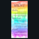 Menu Casamento do Rainbow Watercolor Wash LGBTQ<br><div class="desc">Menu colorido do casamento LGBTQ,  com lavagem a cores aquáticas em massa,  cobrindo a maior parte do cartão com fontes charmosas escrevendo de mão em roxo escuro. Adicione suas iniciações,  cursos principais e sobremesas.</div>