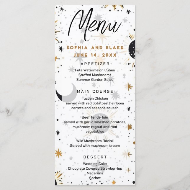 Menu Casamento do Sol Lua Estrelas Celestiais Preto e D (Frente)