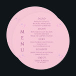 Menu Casamento do Sol Lua Estrelas Rosa Roxo Celestial<br><div class="desc">Cartões de menu de casamento do Sol Lua Estrelas Rosa Roxo Celestial apresenta estrelas simples rosa e roxo em um fundo rosa com os detalhes do seu menu no centro em uma fonte moderna de caligrafia rosa. Personalize editando o texto nas caixas de texto fornecidas. Criado por ©2022 Evco Studio...</div>