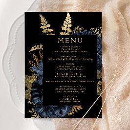 Menu Casamento Dourado Azul Marinho Floral Escuro