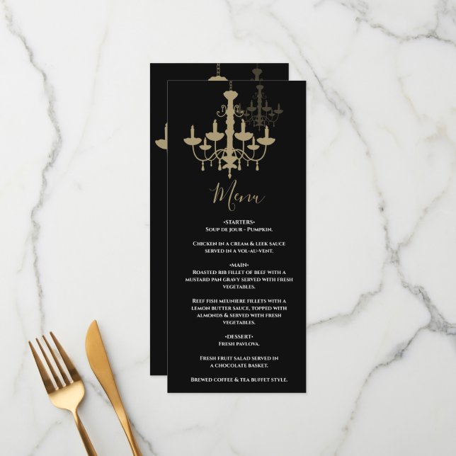 Menu Casamento Dourado Chandelier Negro (Frente/Verso In Situ)