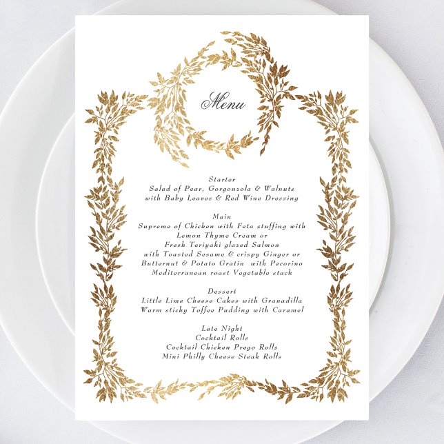 Menu Casamento Dourado Clássico Monograma de Crest Botâ (Criador carregado)