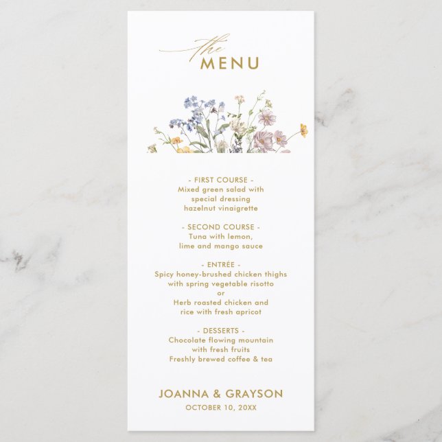 Menu Casamento Dourado Colorido de Primavera Wildflower (Frente)