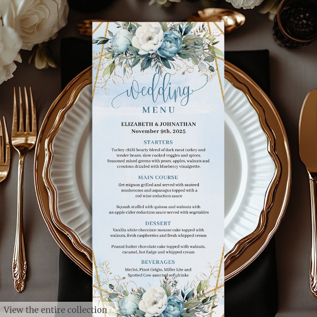 Menu Casamento Dourado com brilho de cor azul neutra (Neutral Dusty Blue Greenery Gold Glitter Wedding Menu)