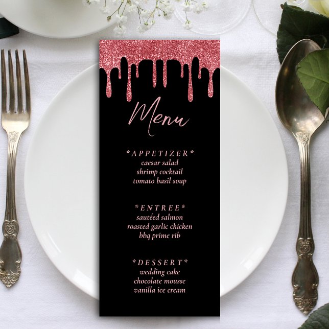Menu Casamento Dourado com Lixo Rosa Preta e Rosa (Black & Pink Rose Gold Glitter Drip Wedding Menu)
