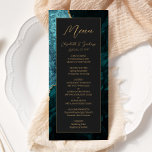 Menu Casamento Dourado de Agata Azul-Teal Moderno Escur<br><div class="desc">Este elegante e moderno menu de casamento mostra uma cor-de-água azul-lacrimogênea,  a fundo,  aparada com brilho dourado. O texto aparece em uma letra elegante dourada e sans serif fonts em um retângulo preto ardado. O design de ágata é repetido no reverso.</div>