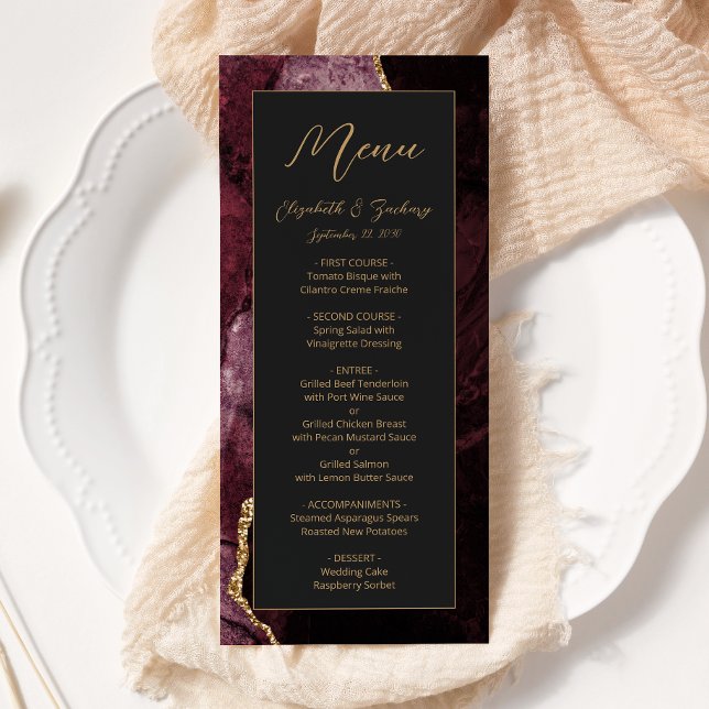 Menu Casamento Dourado de Agate Dark Moderno Burgundy (Criador carregado)