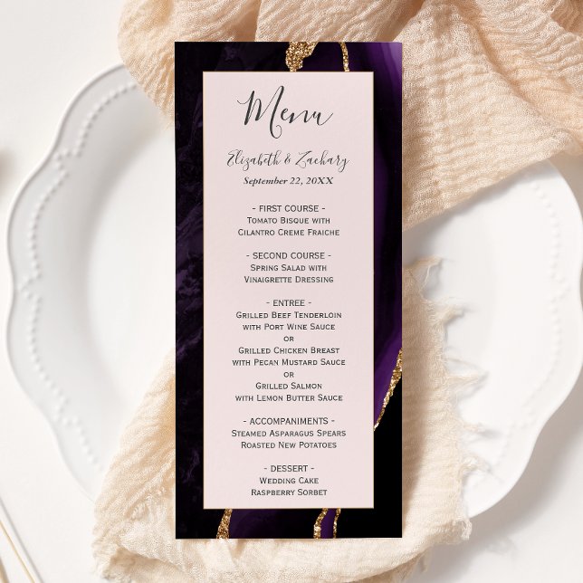 Menu Casamento Dourado de Agate Roxo Moderno (Criador carregado)