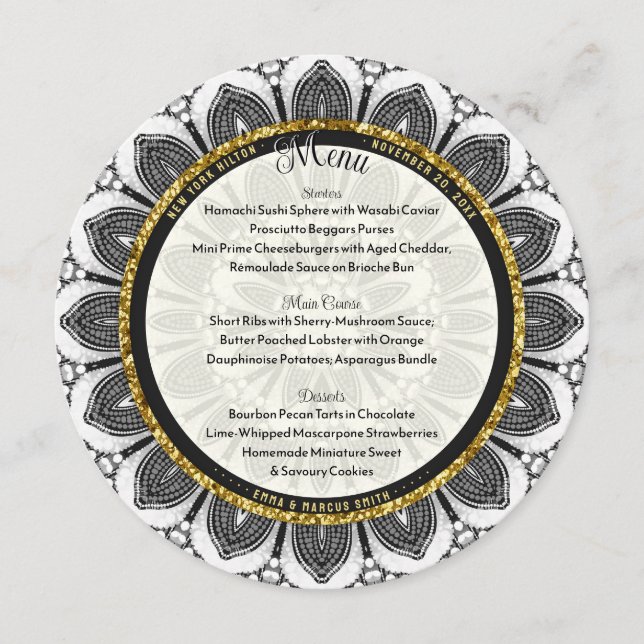 Menu Casamento Dourado de Black White Sunflower Mandala (Frente)