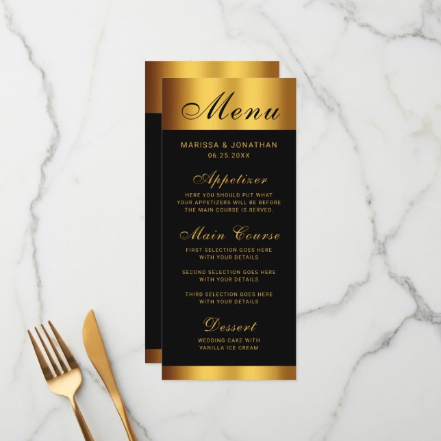 Menu Casamento Dourado de Caligrafia de Luxo (Frente/Verso In Situ)