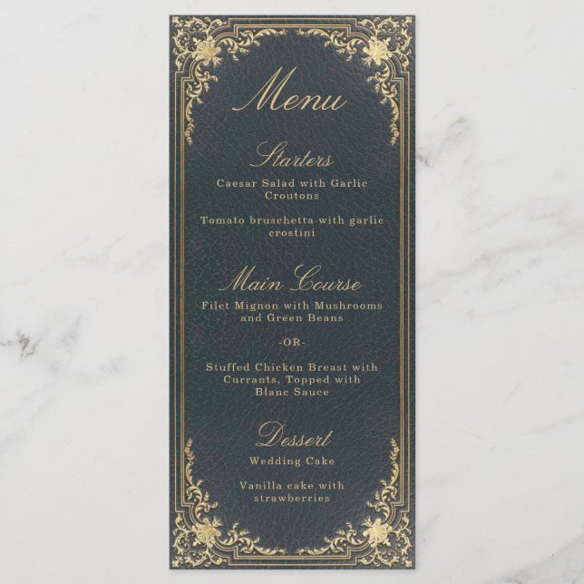 Menu Casamento Dourado de caligrafia Elegante Vintage (Frente)