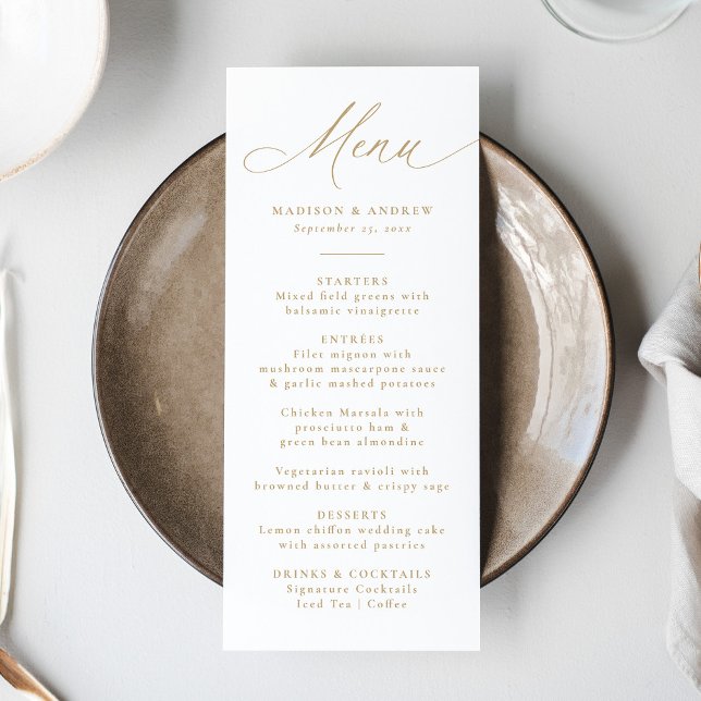 Menu Casamento Dourado de Caligrafia Moderno Elegante (Criador carregado)