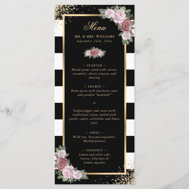 Menu Casamento Dourado de Confetti Floral Blush Black W (Frente)