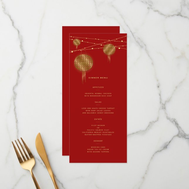 Menu Casamento Dourado de Felicidade Dupla Lanternas Ve (Frente/Verso In Situ)