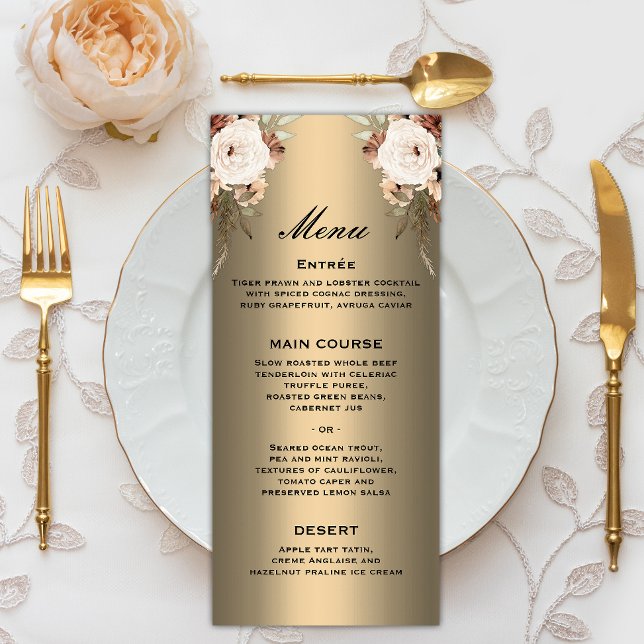 Menu Casamento Dourado de Floral Floral Boho Selvagens (Criador carregado)