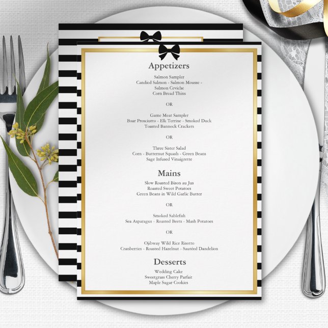 Menu Casamento Dourado de Frame  de Stripe Negra Elegan (Criador carregado)