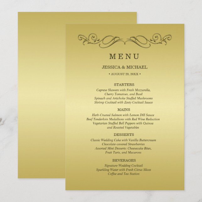 Menu Casamento Dourado de luxo elegante (Frente/Verso)