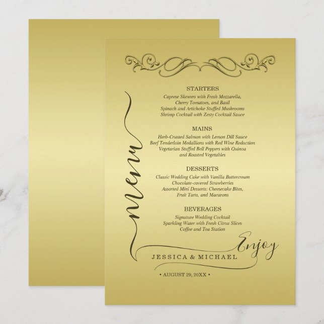 Menu Casamento Dourado de luxo elegante (Frente/Verso)