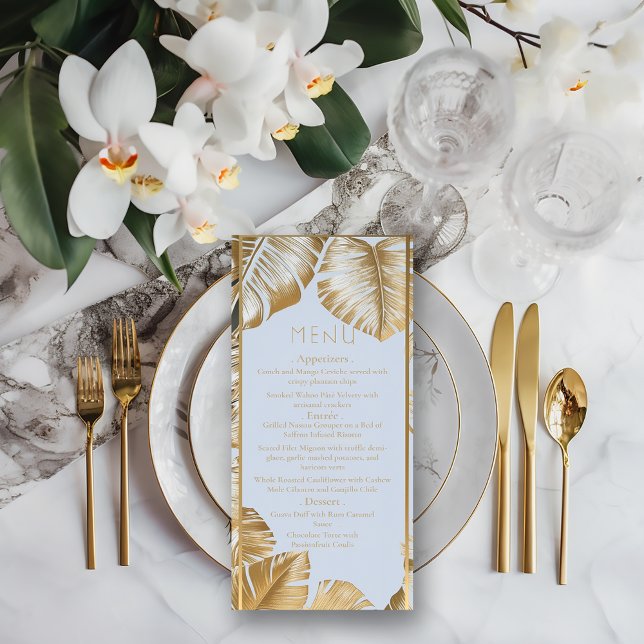 Menu Casamento Dourado de Monstera Elegante (Stylish Formal Tropical Gilded Gold Monstera Leaf Wedding Menu)
