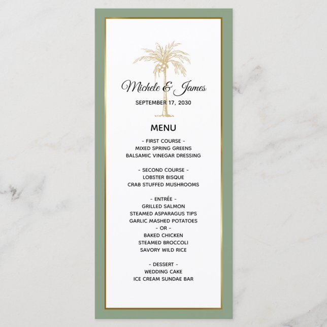Menu Casamento Dourado de Palmeiras Elegante Sage Green (Frente)