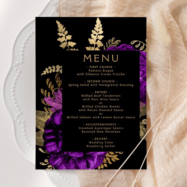 Menu Casamento Dourado de Púrpura Floral Escuro Moody D (Criador carregado)
