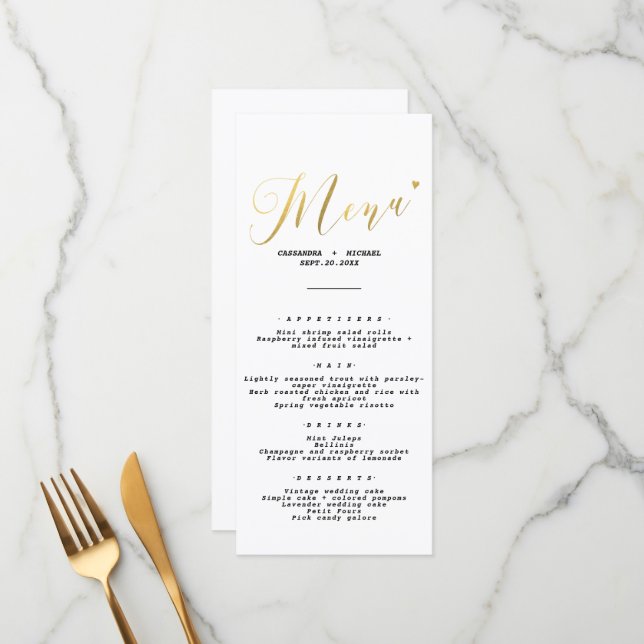 Menu Casamento Dourado de Script Chic Elegante (Frente/Verso In Situ)
