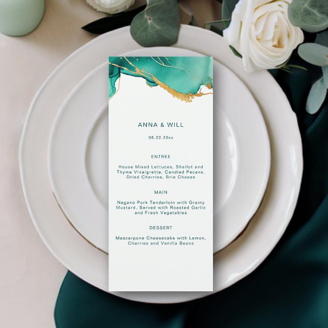 Menu Casamento Dourado de Teal Summer Beach Boho Modern (emerald green modern minimalist beach wedding menu gold waves summer elegant bohemian romantic chic)