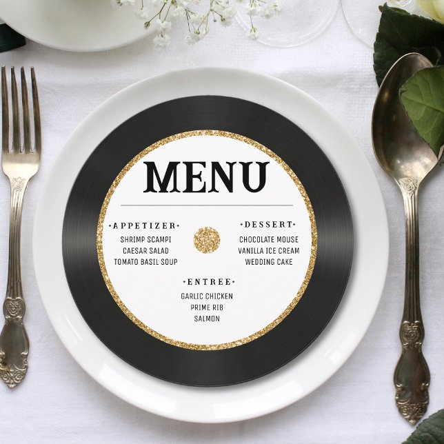 Menu Casamento Dourado de vinil com brilho  na Retro Vi (Retro Vintage Gold Glitter Vinyl Record Wedding Menu)