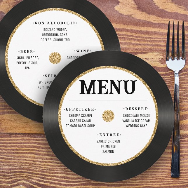Menu Casamento Dourado de vinil com brilho  na Retro Vi (Retro Vintage Gold Glitter Vinyl Record Wedding Menu
)