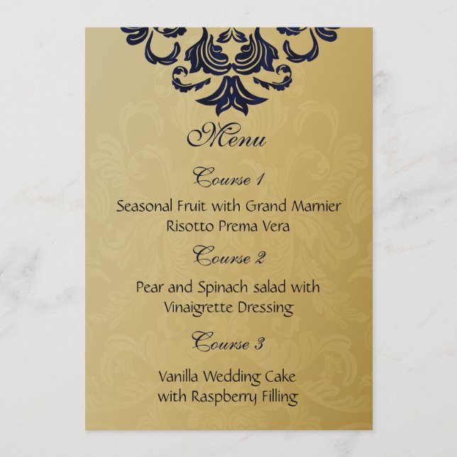Menu Casamento Dourado do Marinho de Filigree Elegante (Frente)