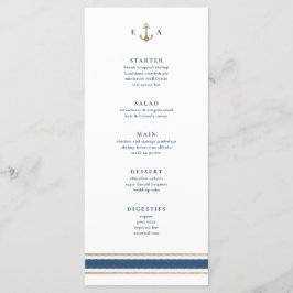 Menu Casamento Dourado e Azul do Monograma Náutico