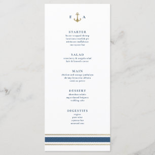 Menu Casamento Dourado e Azul do Monograma Náutico