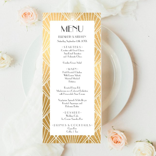 Menu Casamento Dourado e branco da arte Elegante Gatsby (Criador carregado)