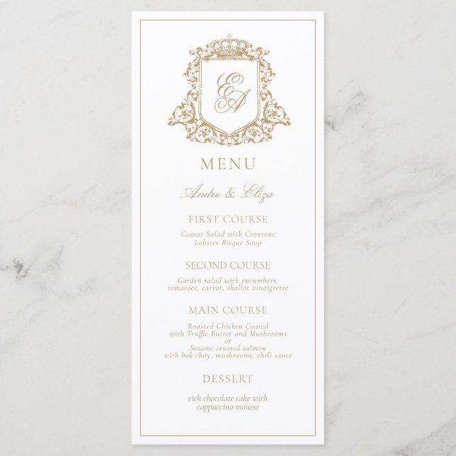 Menu Casamento Dourado e branco do Monograma Real (Frente)